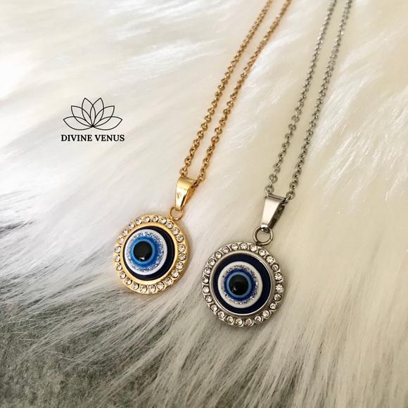 Evil Eye Round Pendant Stainless Steel Necklace - Picture 7 of 8